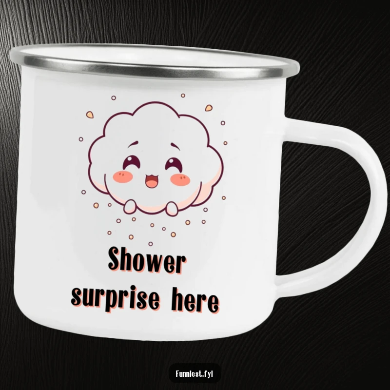 Funny surprised little cloud character raining tiny laughter particles, designed for a durable and funny camping mug.