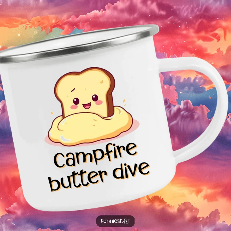 Funny Camping Mug featuring a slice of toast character mid-dive into a giant butter dollop, perfect for outdoor breakfast enjoyment.
