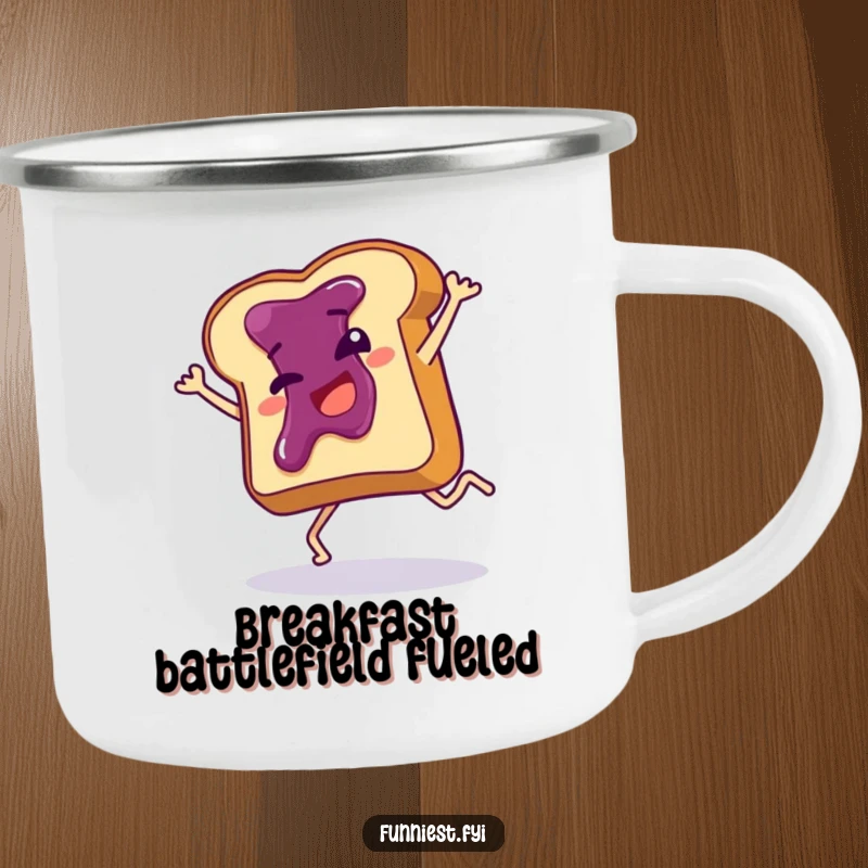 Funny camping mug showing a giggling toast slice with jam doing a clumsy cartwheel, perfect for outdoor adventures and campsite smiles.