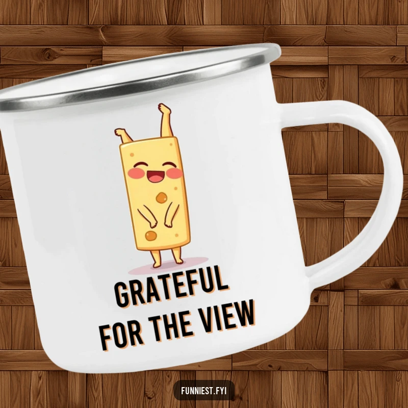 Funny giggling cheese wedge attempting a handstand, ready for adventure on this durable camping mug.