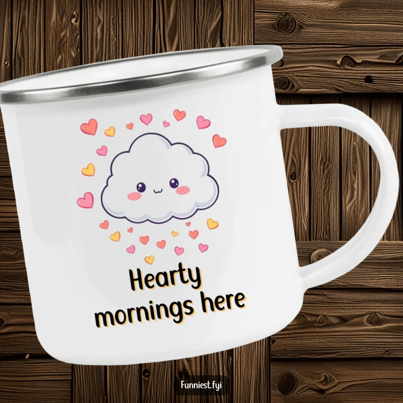 Funny Camping Mug featuring a smiling fluffy cloud character raining colorful hearts, durable for adventures and spreading cheer outdoors.