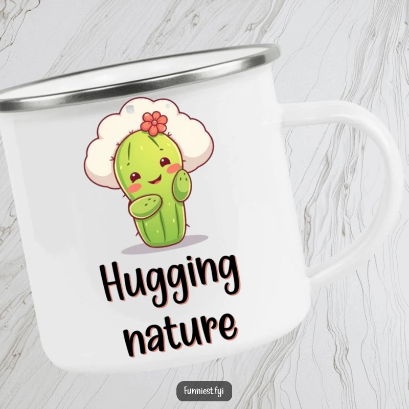 Funny camping mug with a smiling cactus character reaching to hug a fluffy cloud. A durable and humorous companion for gentle adventurers.
