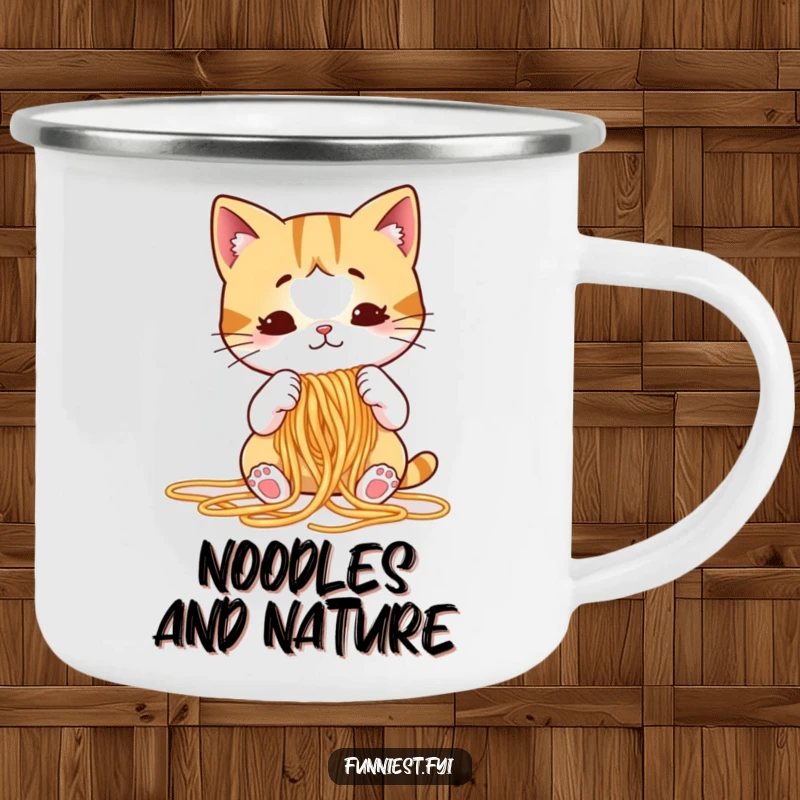 Funny cat camping mug showing a puzzled cartoon cat attempting to knit spaghetti noodles, suitable for outdoor, humorous enjoyment.