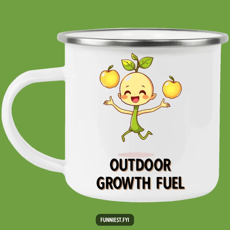 Funny Sprout Juggling Camping Mug: Dancing Character's Focused Joy Outdoor Drinkware, Gift!