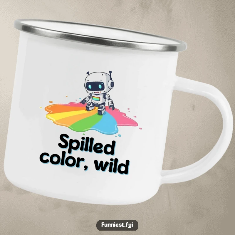 Funny camping mug with a clumsy robot character spilling a large puddle of rainbow paint, a humorous companion for outdoor creative sessions.