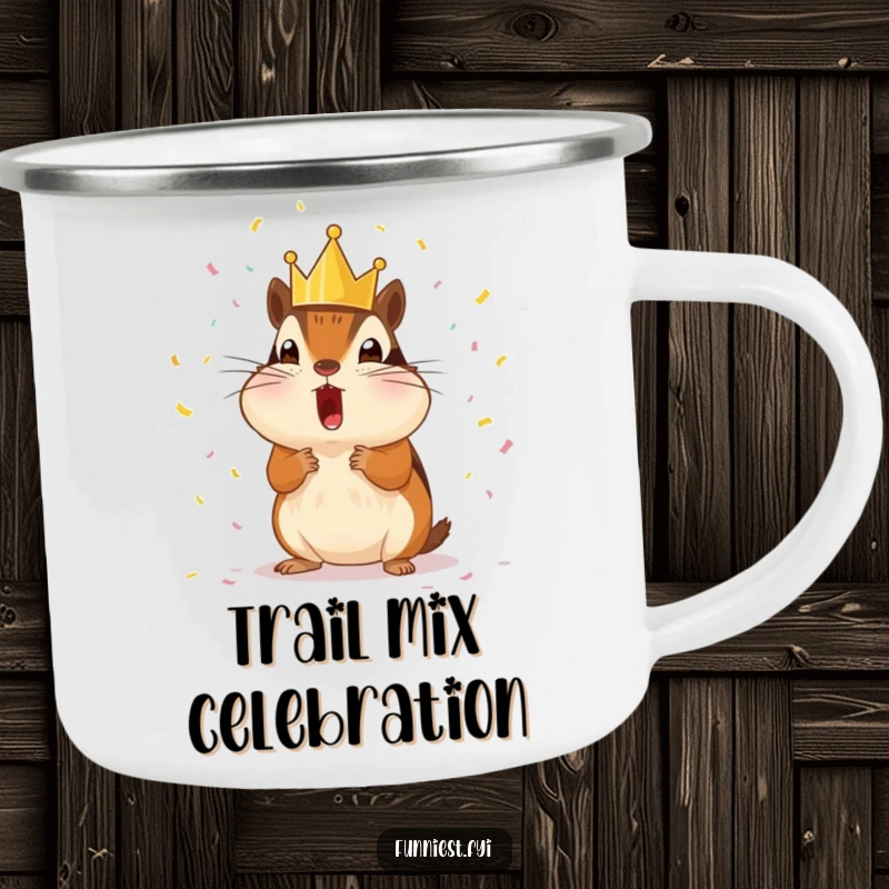 Funny surprised chipmunk wearing a tiny crown, showered with tiny confetti, a durable and humorous camping mug.