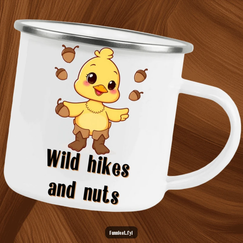 Funny happy duck character in oversized boots, juggling acorns, ready for adventure on this durable camping mug.