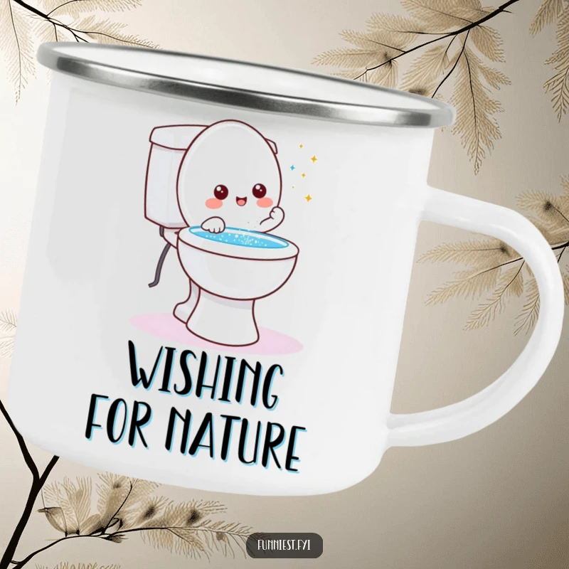 Funny friendly toilet character camping mug, granting a wish with glitter shooting from the bowl, for magical outdoor sips.