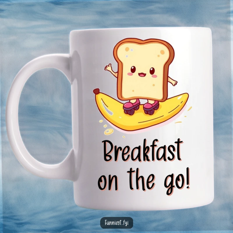 Funny mug showing toast on roller skates zooming towards a slippery banana peel, breakfast chaos.