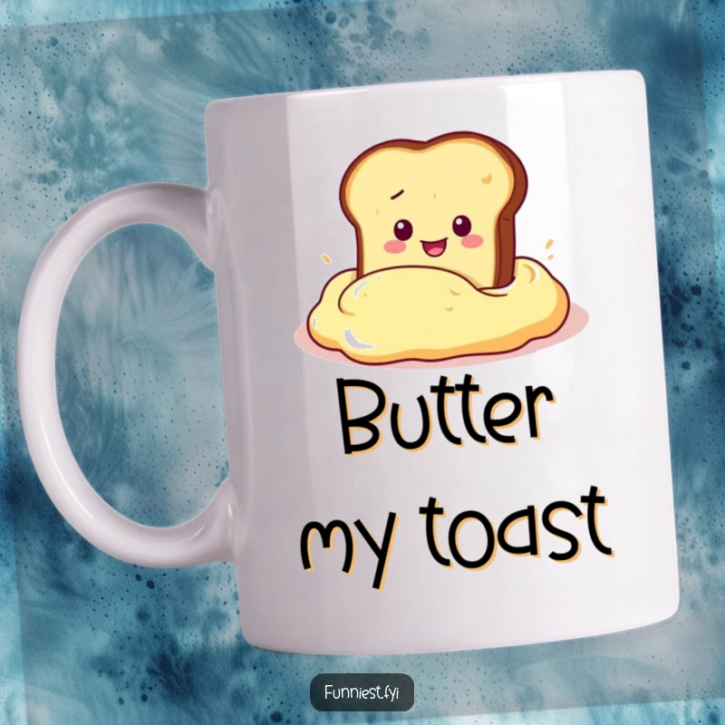 Funny Mug featuring a slice of toast character doing a dramatic dive into a giant butter dollop, celebrating breakfast bliss.