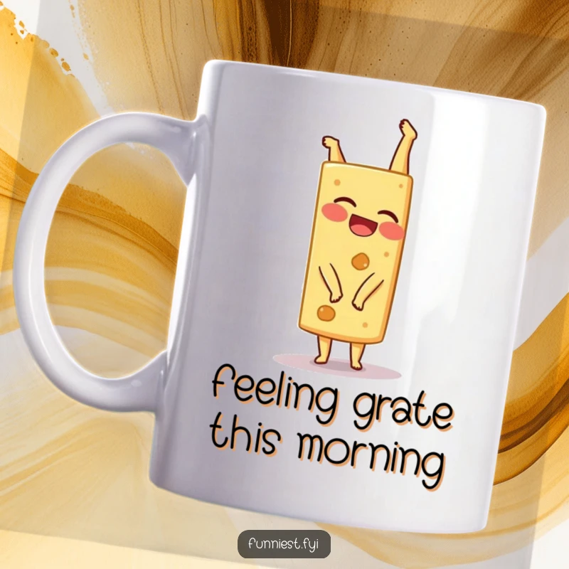 Funny giggling cheese wedge character hilariously attempting a handstand, looking delighted and unstable on this mug.