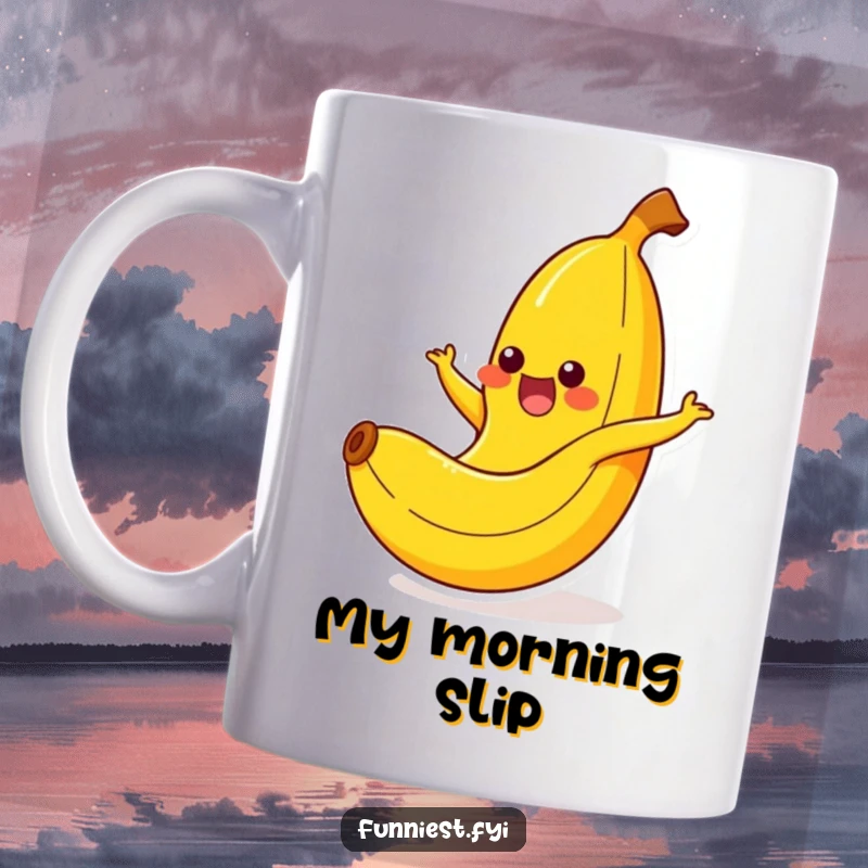 Funny banana character gleefully yelping as it slips on its own peel, a comical and relatable moment for a mug.