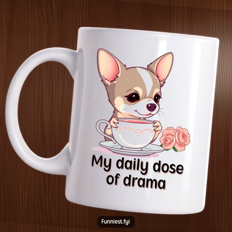 Funny Chihuahua mug, elegantly sipping tea from a tiny cup, embodying dramatic sophistication and regal charm.
