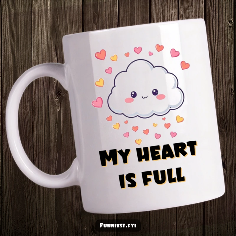 Funny Mug featuring a smiling fluffy cloud character raining tiny colorful hearts, spreading joy and love with every use.