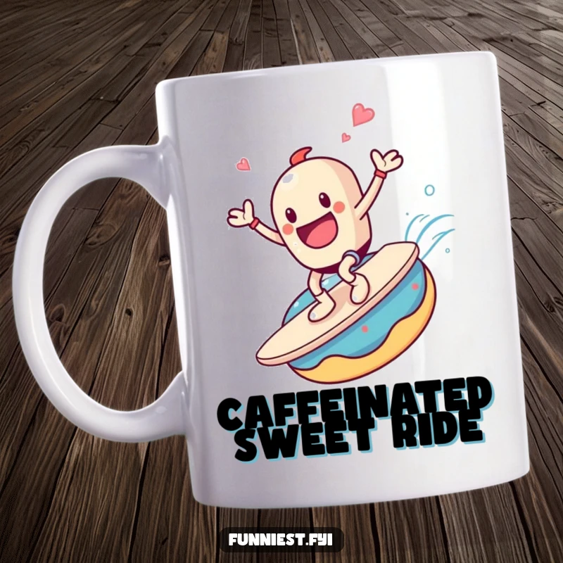 Funny mug with a coffee cup character joyfully surfing a giant donut, embracing a sweet and energetic ride.