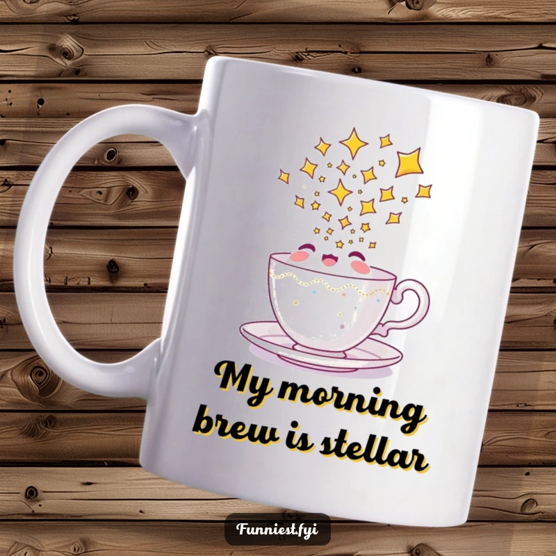 Funny teacup mug character gleefully pouring an endless, sparkling stream of stars, radiating joy and wonder.