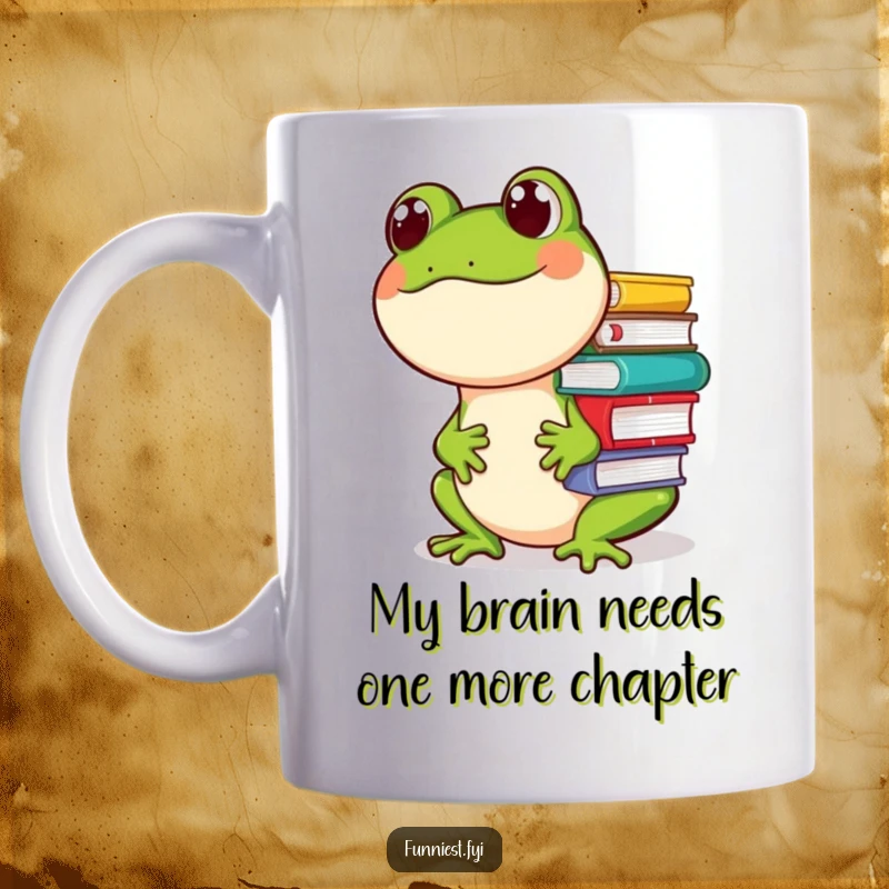 Funny mug with a giggling frog precariously balancing a tall stack of books on its nose, looking delightfully overwhelmed.