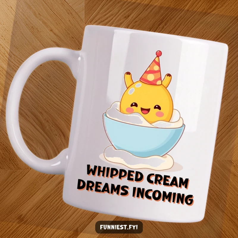 Funny mug featuring a cheerful fruit character in a party hat falling backward into a bowl of whipped cream with a joyous expression.