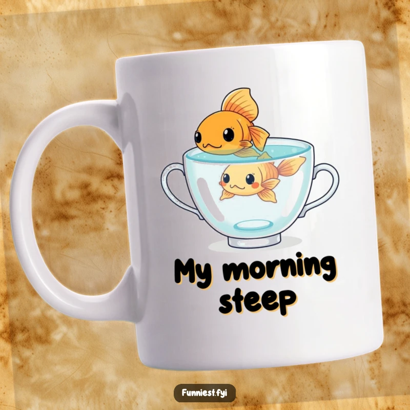 Funny determined goldfish character trying to swim in a giant teacup, a humorous mug for ambitious individuals.