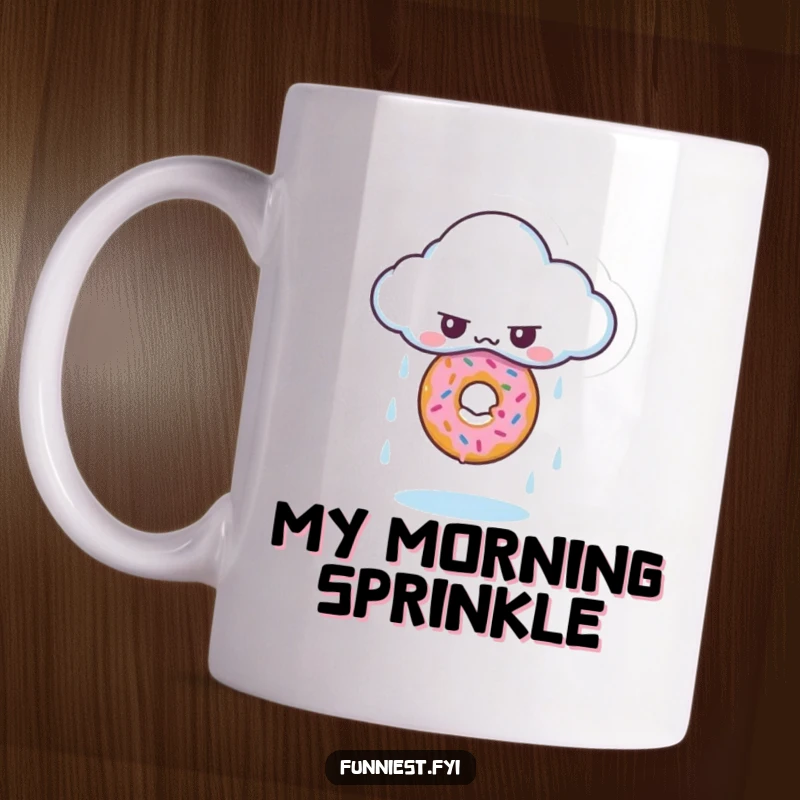Funny mug depicting a grumpy cloud raining a single, perfect donut, meteorological joy.