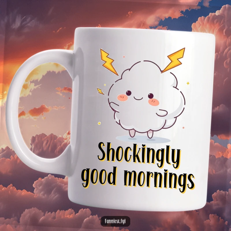 Funny juggling cloud mug featuring a small, fluffy cloud character happily juggling crackling lightning bolts, ideal for energetic humor and gifts.