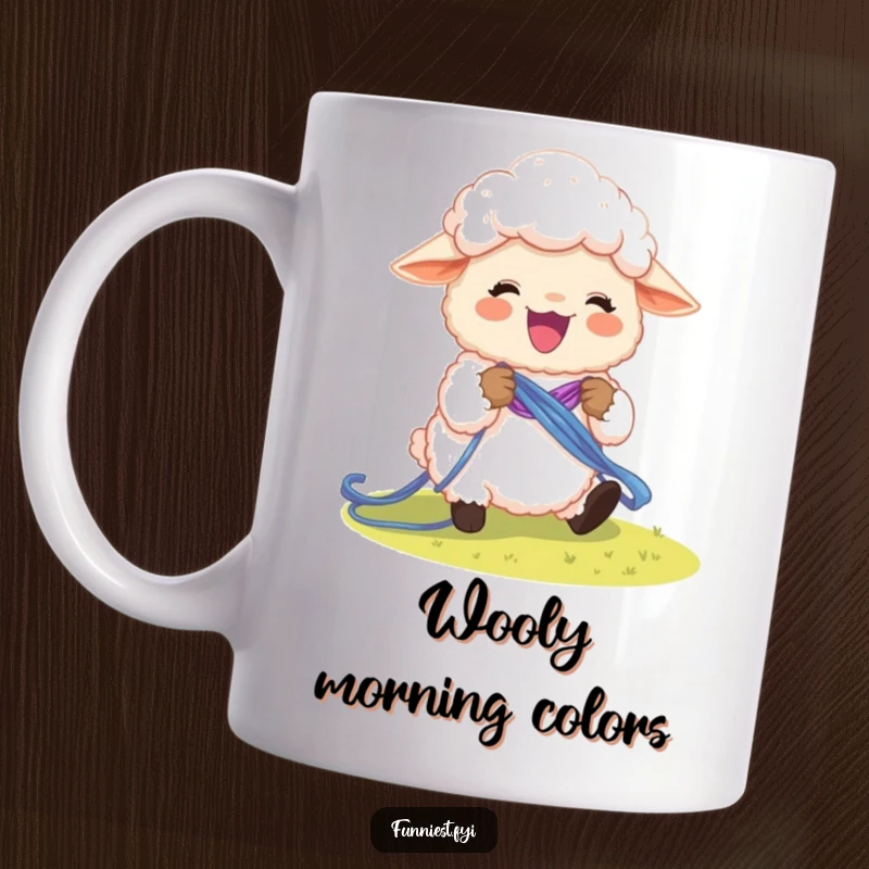 Funny sheep character enthusiastically knitting a bright, colorful rainbow, on a coffee mug.