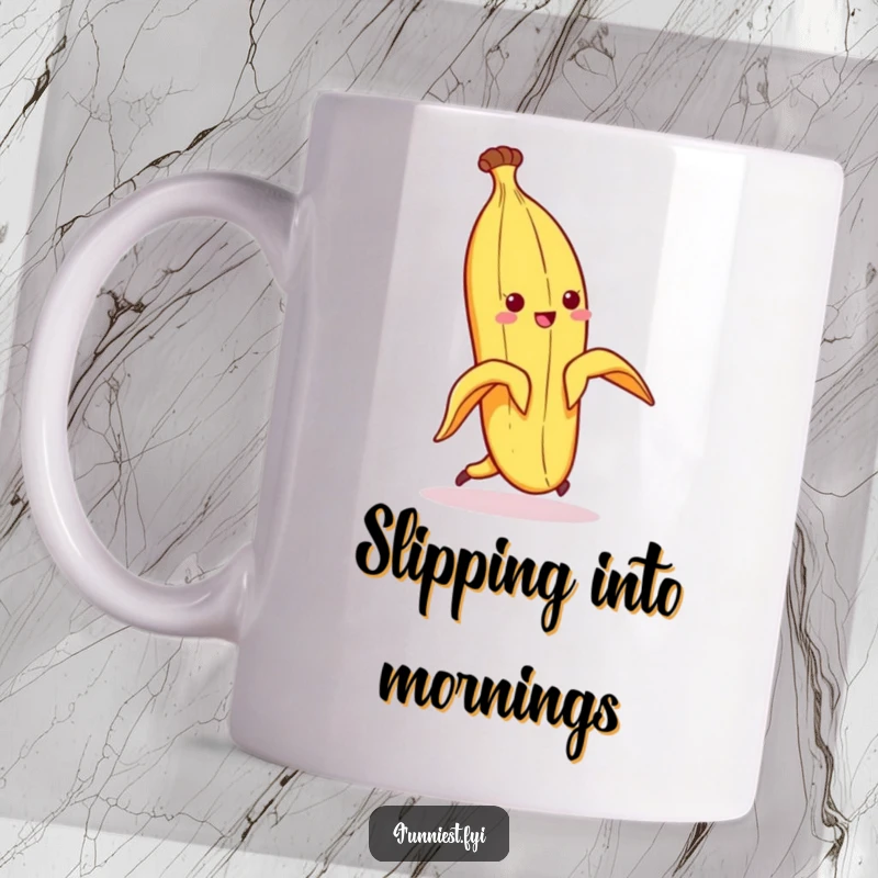 Funny mug featuring a banana peel character comically slipping on its own discarded peel, embracing cartoonish chaos.