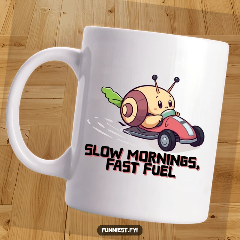 Funny mug featuring a determined snail racing a tiny toy car towards a lettuce leaf, embodying humorous persistence and speed.
