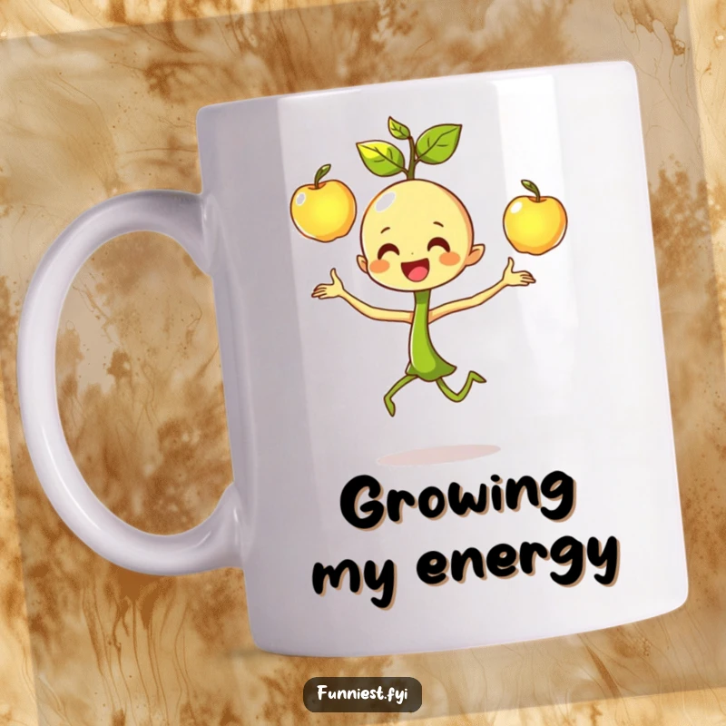 Funny dancing sprout character mug, happily juggling three shiny apples with intense focus and joyous expression.