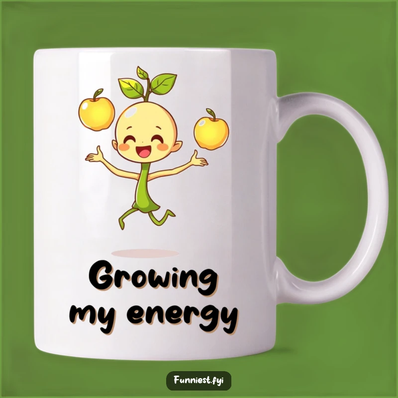Funny Sprout Juggling Mug: Dancing Character's Focused Joy with Apples, Perfect Gift!