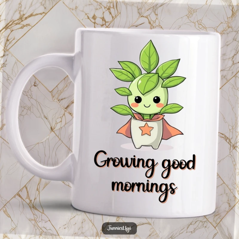 Funny happy houseplant character wearing a tiny superhero cape on a mug, exuding positive vibes and readiness to help.