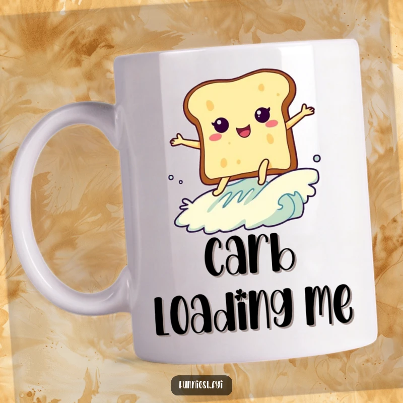 Funny mug showcasing a slice of toast with legs enthusiastically surfing a butter wave, a humorous and energetic breakfast scene.