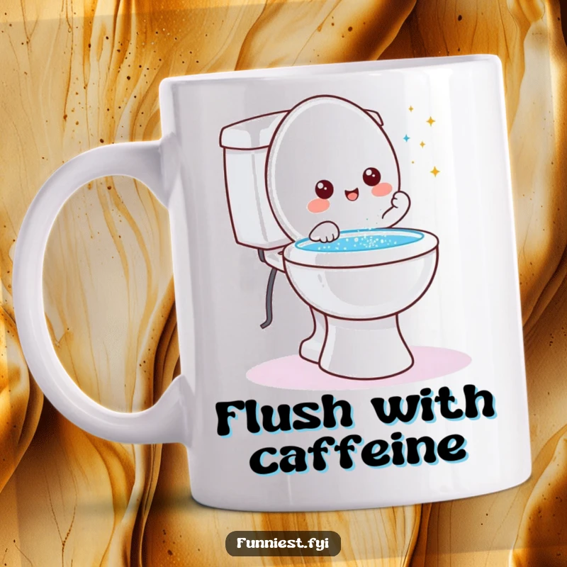 Funny friendly toilet character mug, granting a wish as glitter sparkles and shoots from the bowl in a magical display.