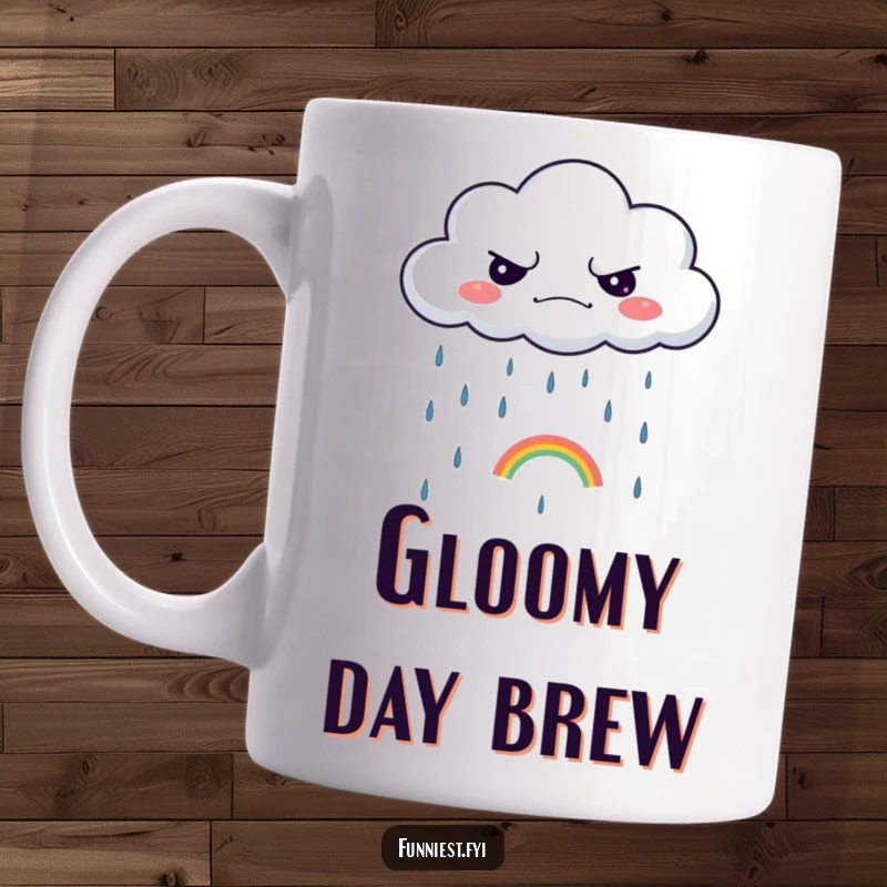 Funny mug showing a grumpy cloud raining a single, tiny rainbow, exuding sarcastic and charming weather humor.