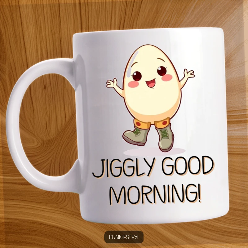 Funny egg mug featuring a cheerful egg character clumsily jigging in oversized boots, a delightful and humorous kitchen item.