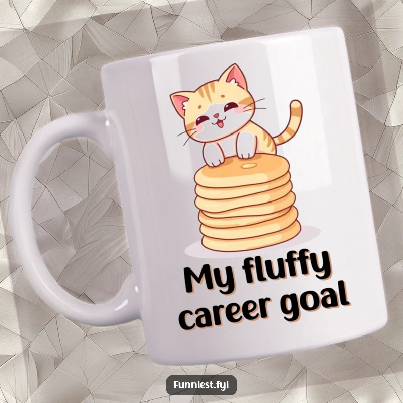 Funny cat character teetering precariously on a tall stack of fluffy pancakes, looking determined.