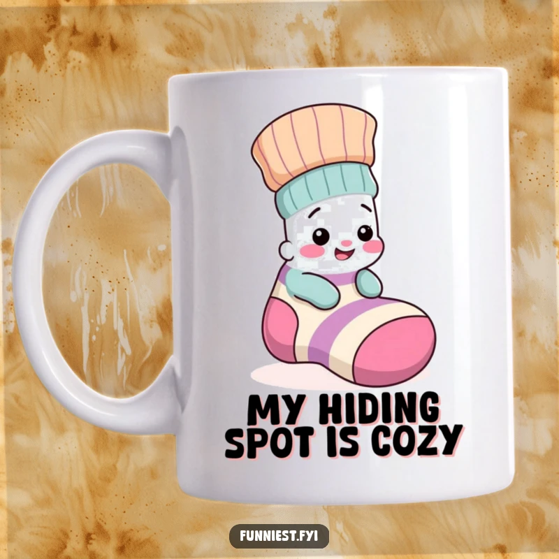 Funny mug featuring a tiny, giggling sock character playfully hiding inside a much bigger, mismatched sock, full of mischievous glee.