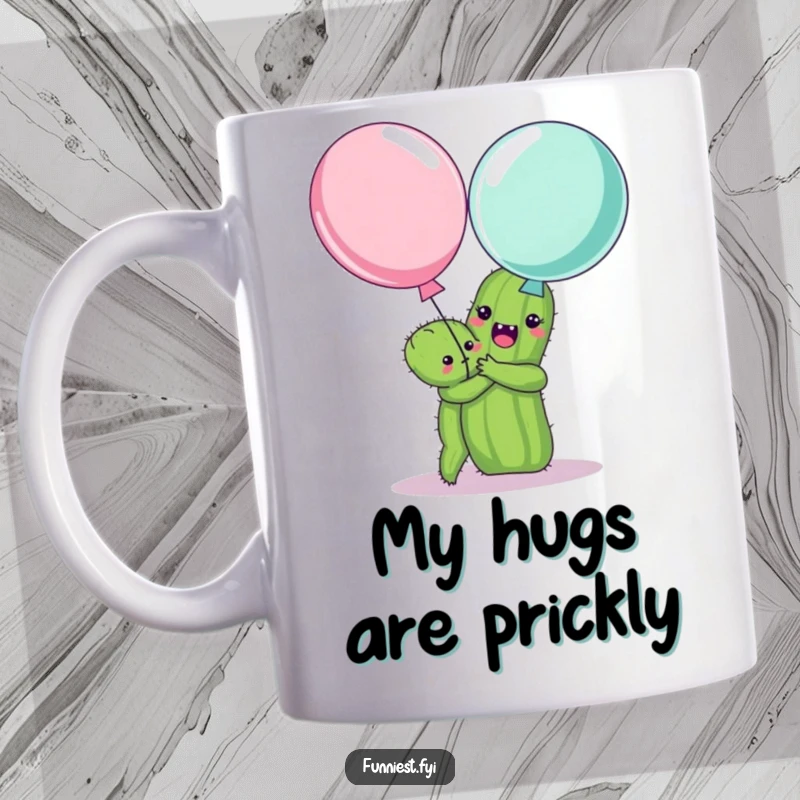 Funny mug showing a happy cactus reaching for a scared balloon, a comical and heartwarming scene for gift-giving.