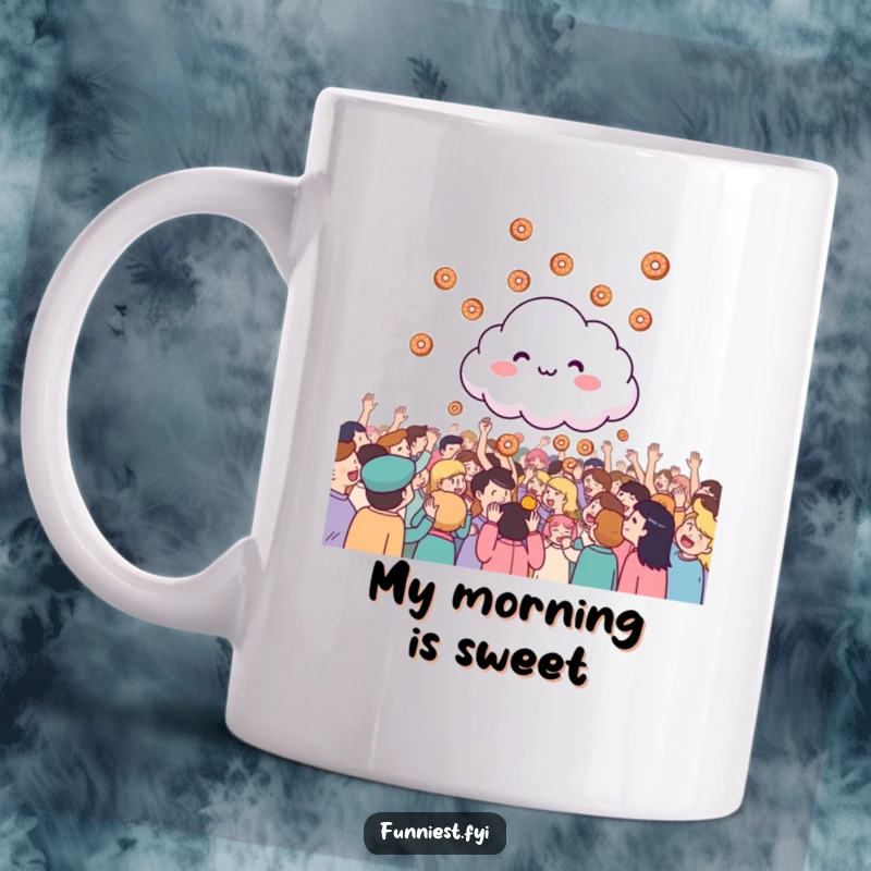 Funny giggling cloud character raining tiny donuts onto a cheering crowd, a joyful and humorous mug.