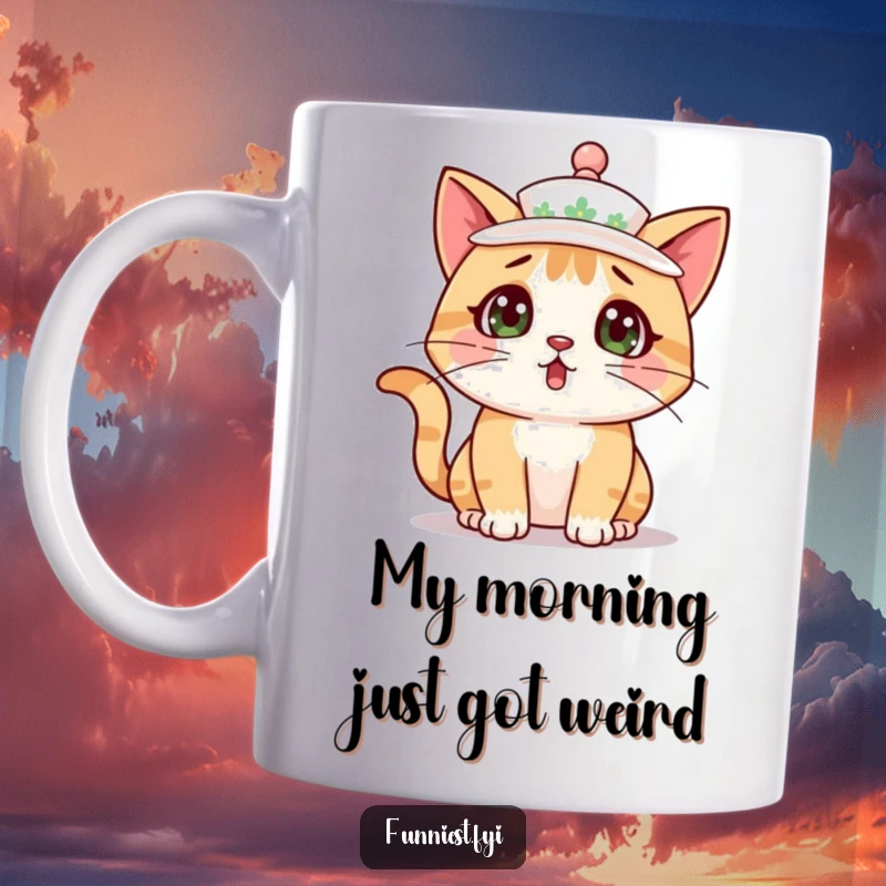 Funny surprised cat startled with a teacup perched comically as a hat on its head, a humorous mug design.
