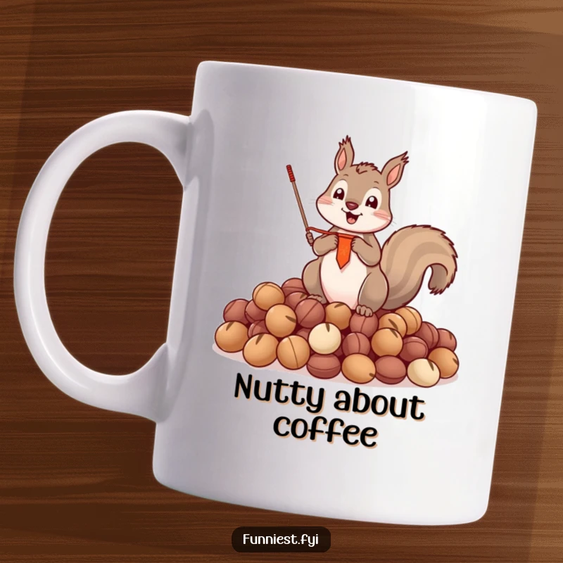 Funny Mug showing a triumphant squirrel holding a tiny banner, proudly standing on a massive pile of nuts, celebrating its hoard.