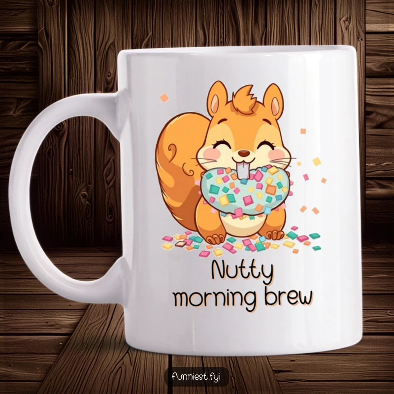 Funny mischievous squirrel character with bulging cheeks full of oversized confetti on a mug, captured mid-party frenzy.