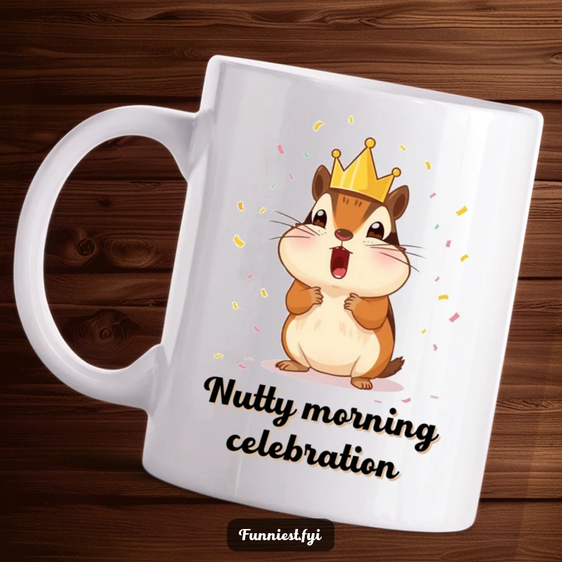 Funny surprised chipmunk wearing a tiny crown, showered with tiny confetti, a humorous and celebratory mug.