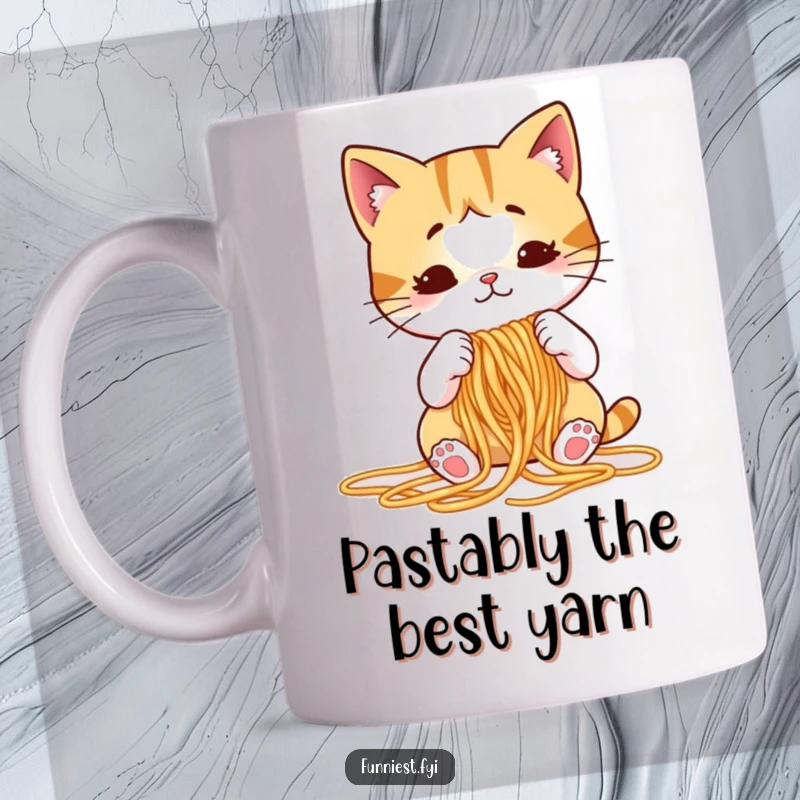 Funny cat mug showing a puzzled cartoon cat attempting to knit spaghetti noodles, a whimsical and humorous kitchen gift.