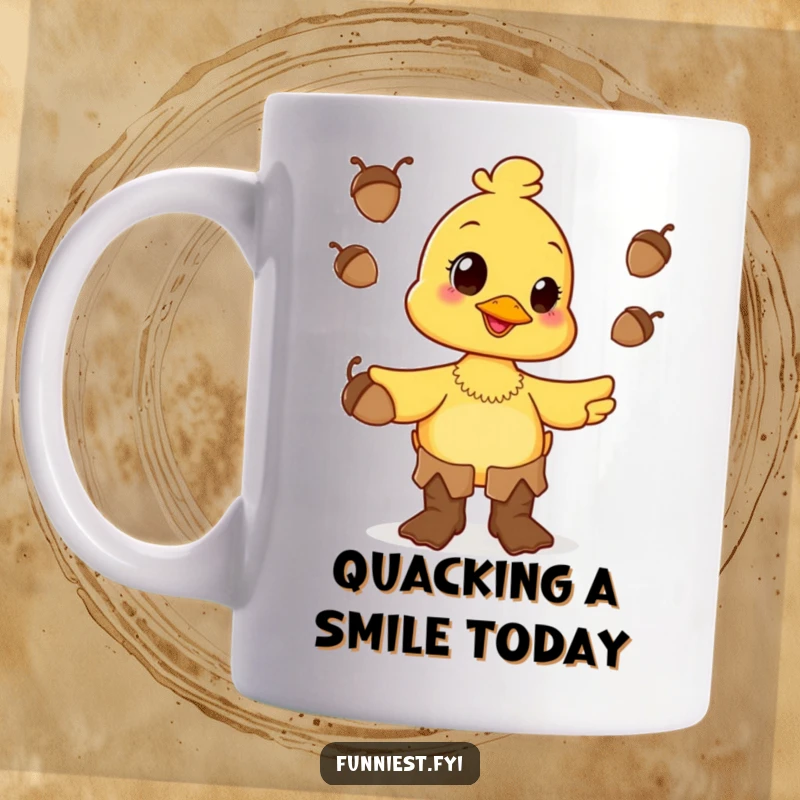 Funny happy duck character wearing huge boots, energetically juggling acorns with a joyful expression on this mug.