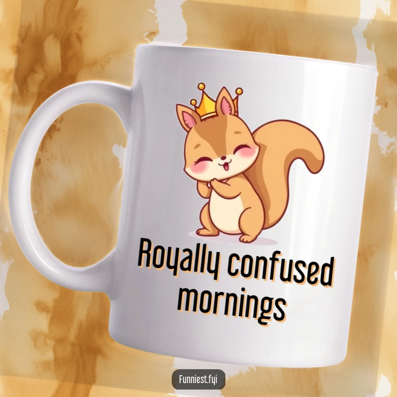 Funny mug with a mischievous squirrel character comically attempting to wear a tiny crown backward, showing its playful ambition.