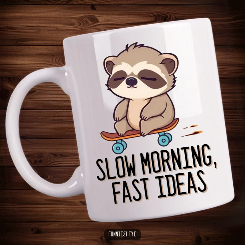 Funny, sleepy sloth character unexpectedly zooming on a tiny skateboard, on a coffee mug.