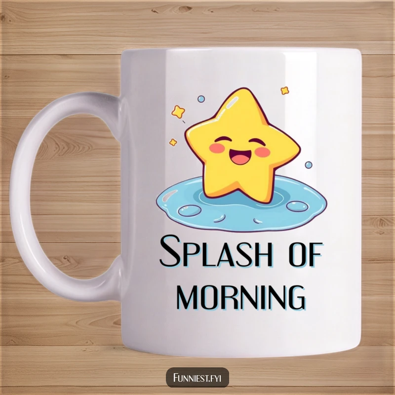 Funny laughing star mug, winking playfully as it falls into a puddle, celebrating a moment of cheerful surrender.