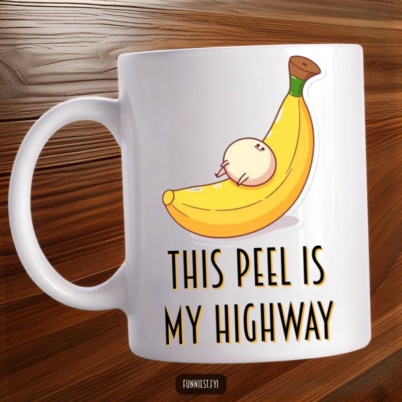 Funny mug showing a small, round character with tiny legs happily rolling down a giant banana peel with a look of pure glee.