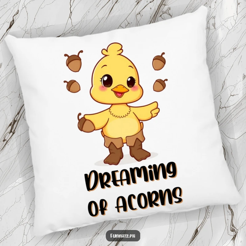 A soft pillow featuring a funny happy duck character in oversized boots, juggling acorns with a joyful expression.